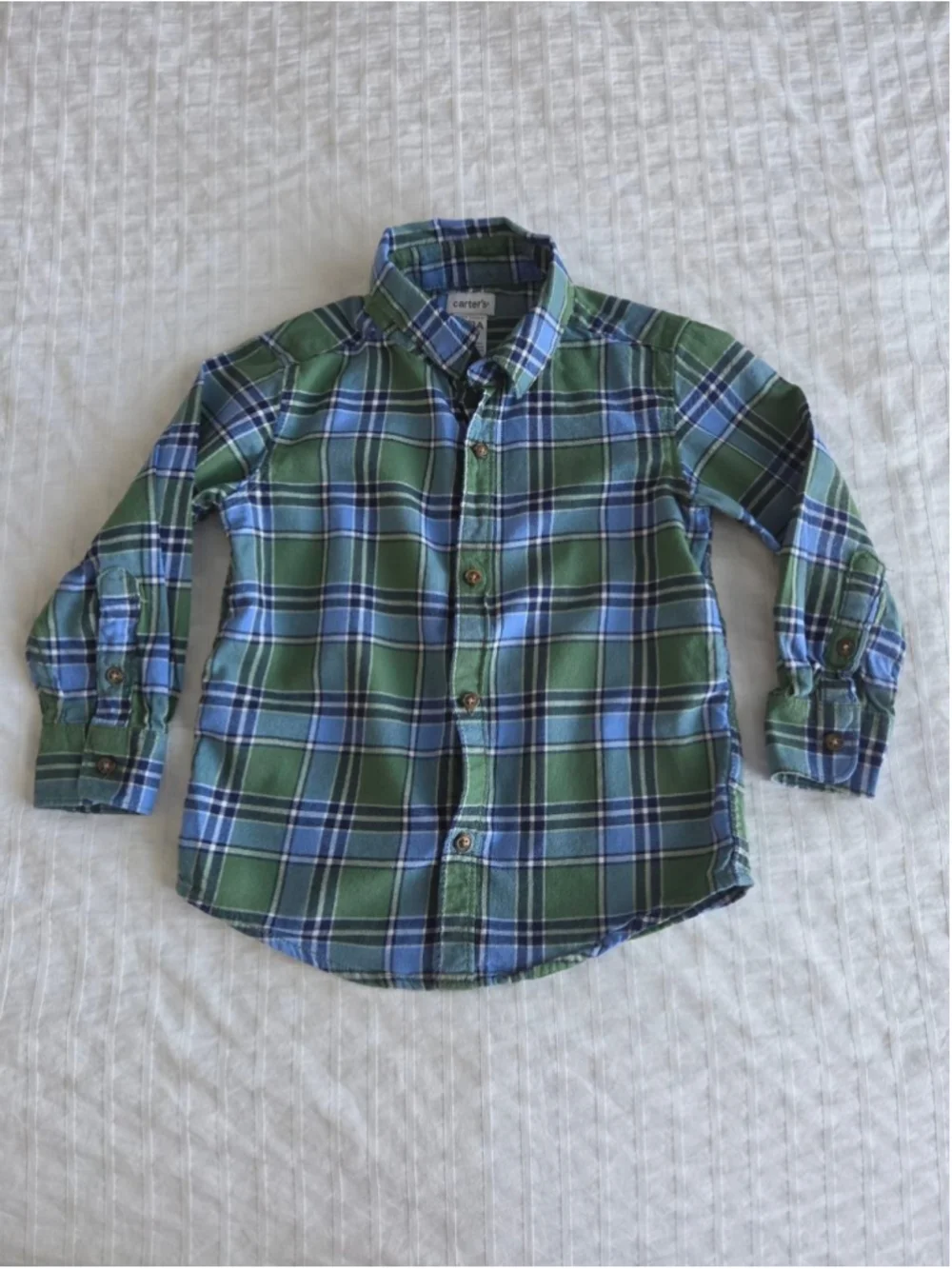 Carter's Boys Plaid Button Down Shirt Size 3T Green Blue 100% Cotton